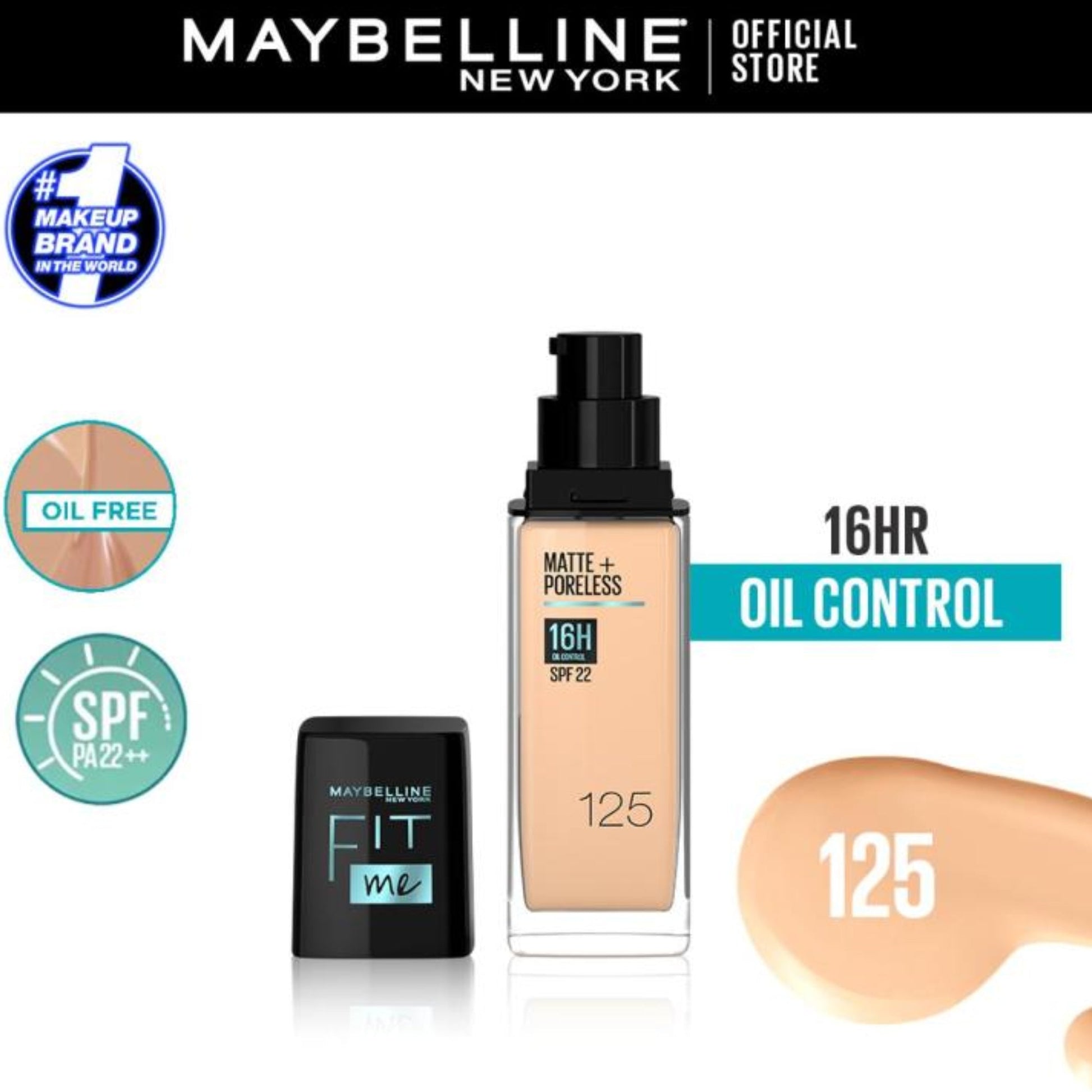 Maybelline Fit Me Matte+Poreless 16H Oil Control Liquid Foundation Normal to Oily SPF 22 PA++ 30ml 125 shade