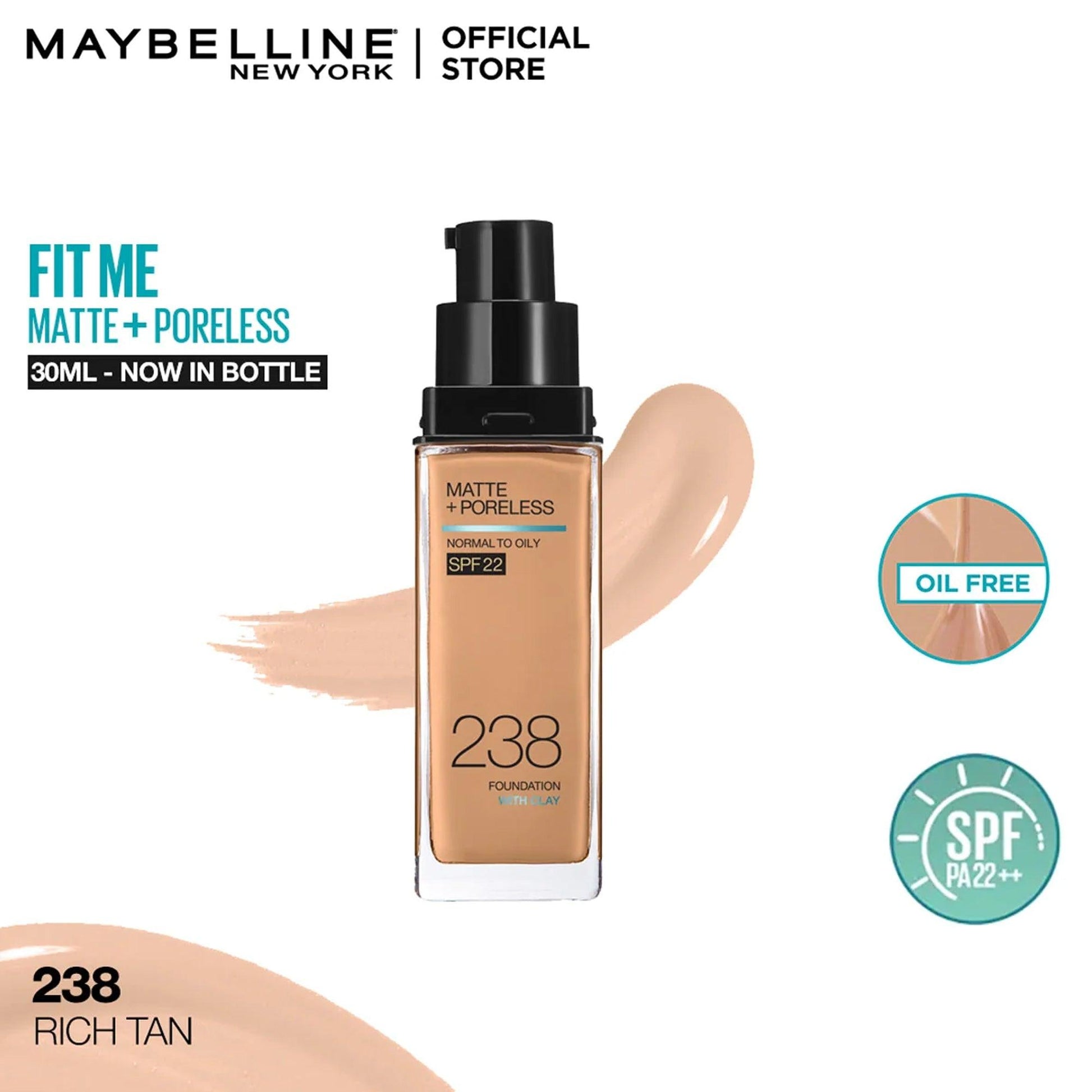 Maybelline New York Fit Me Matte+Poreless Liquid Foundation With Clay Normal to Oily SPF 22 238 Rich Tan 30ml - Fama Originals