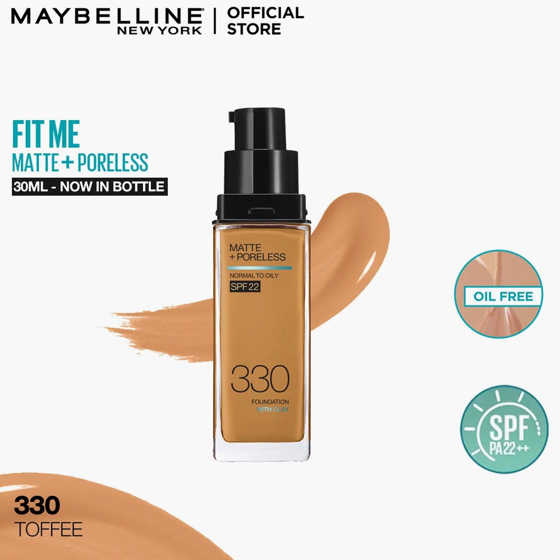 Maybelline New York Fit Me Matte+Poreless Liquid Foundation With Clay Normal to Oily SPF 22 330 Toffee 30ml - Fama Originals